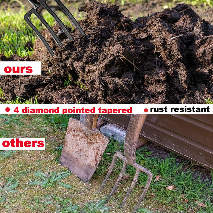 Mujocooker Grabgabel mit 4 Zinken, für Garten, Graben, Gabel, geschmiedeter Stahl, mit D-Grip-Griff,