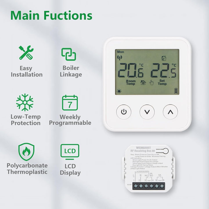 Wengart Wireless Thermostat & Empfänger WG01RF, Programmierbares LCD-Display Arbeiten für Strahlende