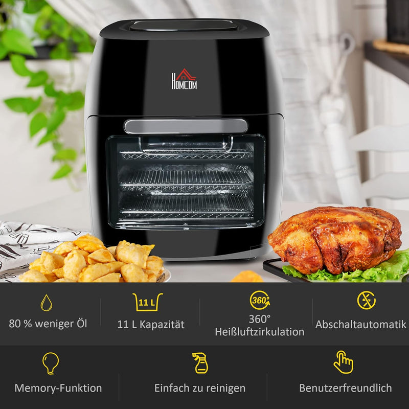 HOMCOM Heissluftfritteuse 11 L 1800W Backofen Dehydrator Barbecue mit 8 Menüs Zubehör für gesundes ö