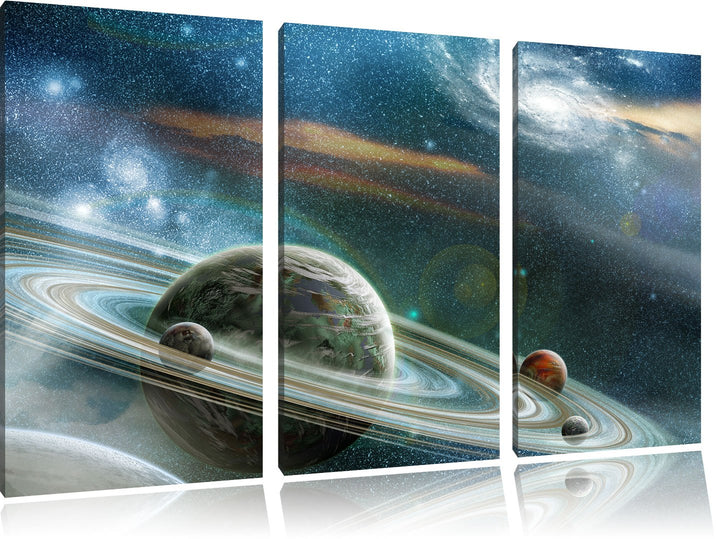 Pixxprint Planet mit Ringsystem / 3-Teilig/Gesamtmass 120cm Leinwandbild bespannt auf Holzrahmen/Wan