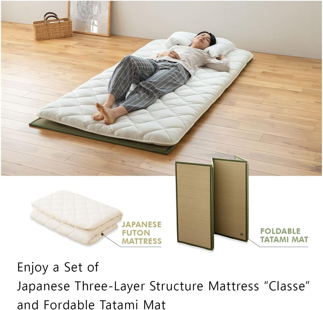 EMOOR Japanische Futon Matratze Premium CLASSE 100 x 200 cm und Faltbare Tatami Matte (Igusa Matratz