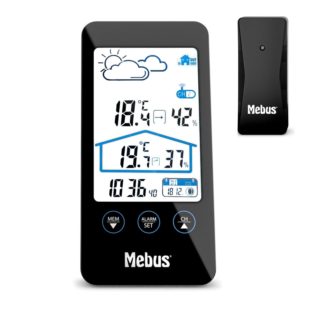 Mebus Wetterstation mit Aussensensor, zeigt Temperatur und Luftfeuchtigkeit innen und aussen, mit We