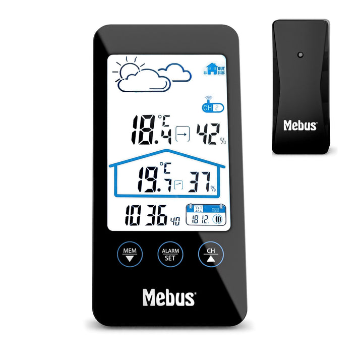Mebus Wetterstation mit Aussensensor, zeigt Temperatur und Luftfeuchtigkeit innen und aussen, mit We