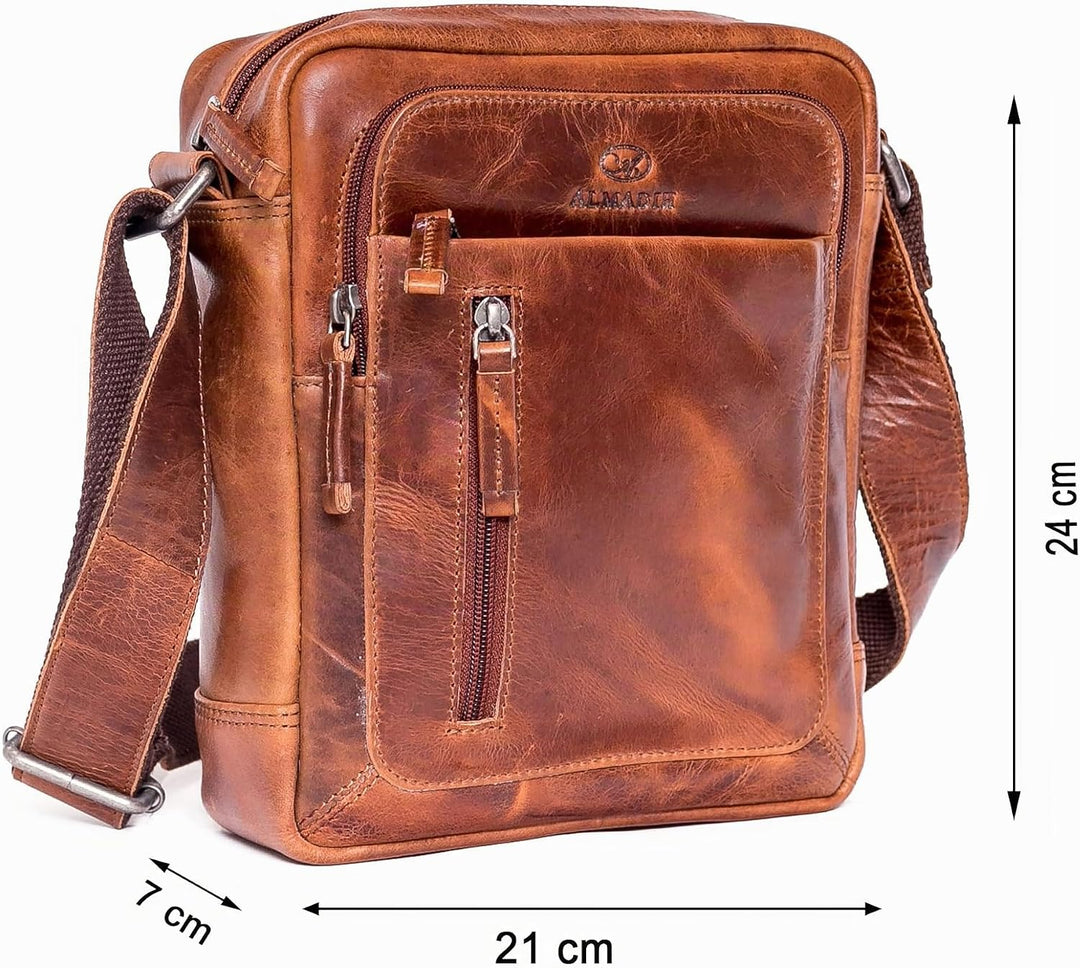 ALMADIH Leder Umhängetasche FINN Premium Rindsleder – Kompakte Messenger Schultertasche Freizeittasc
