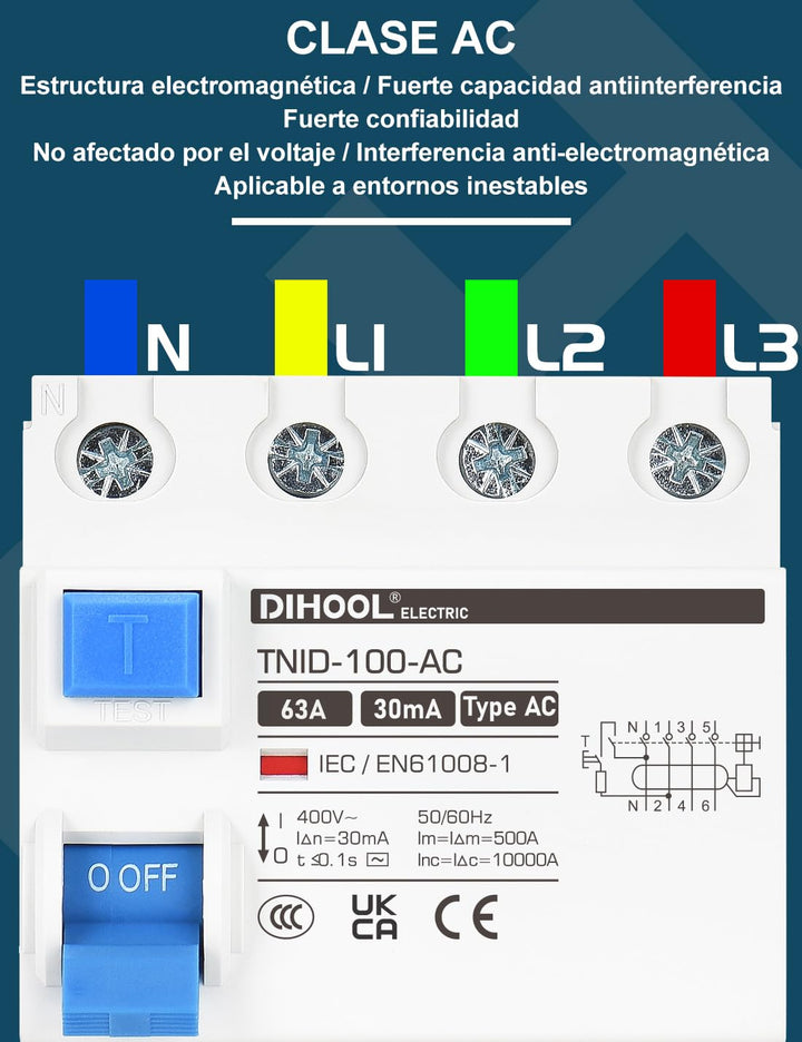 DIHOOL RCD Typ AC fi schutzschalter Fehlerstromschutzschalter FI-Schalter DIN Hutschiene 4-polig 63A