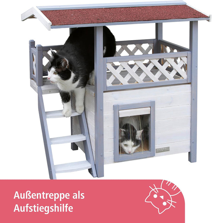 Kerbl Pet Katzenhaus Lodge Ontario, Katzenhütte, hellgrau, rot, 77x50x73cm, Spiesstanne, Kunststoff,