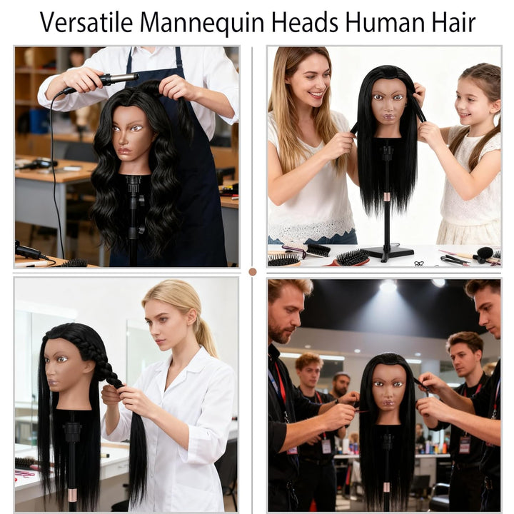 Friseur Übungskopf 100% Echthaar, 66 cm / 26 Zoll Mannequin Kopf mit Haaren, Friseurkopf Trainingsko