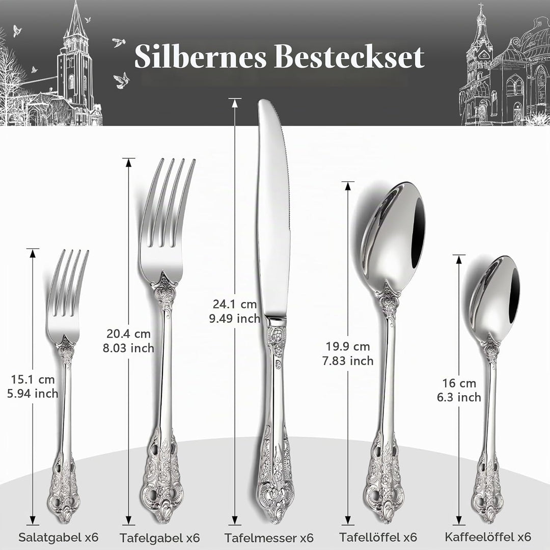 BEWOS 30 Stück Silber Palast Besteck Set, Hochwertig Edelstahl Besteck, Geprägte Design-Griffe, Bank