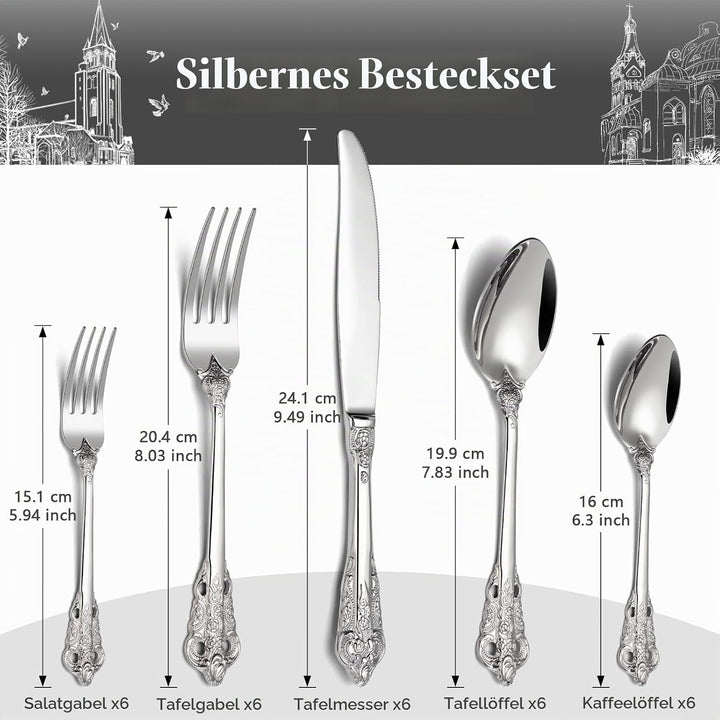 BEWOS 30 Stück Silber Palast Besteck Set, Hochwertig Edelstahl Besteck, Geprägte Design-Griffe, Bank