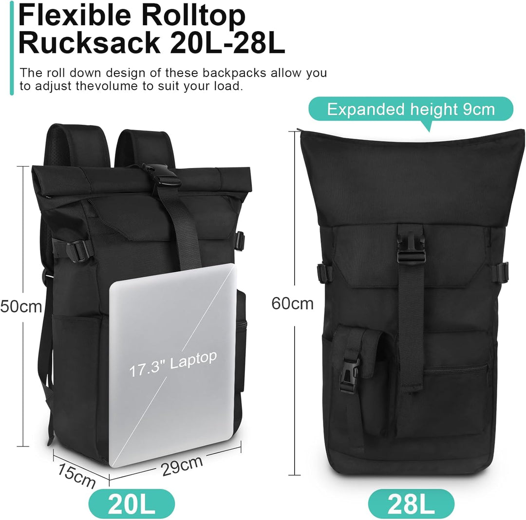 Rucksack Herren, 28L Rolltop Rucksack Damen,Gross Schulrucksack Rucksack Wasserdicht mit Laptopfach