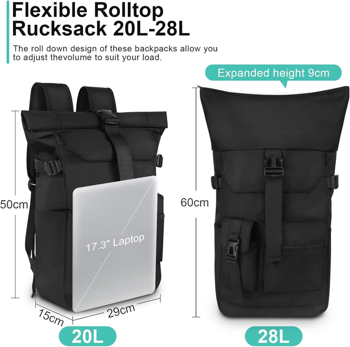 Rucksack Herren, 28L Rolltop Rucksack Damen,Gross Schulrucksack Rucksack Wasserdicht mit Laptopfach