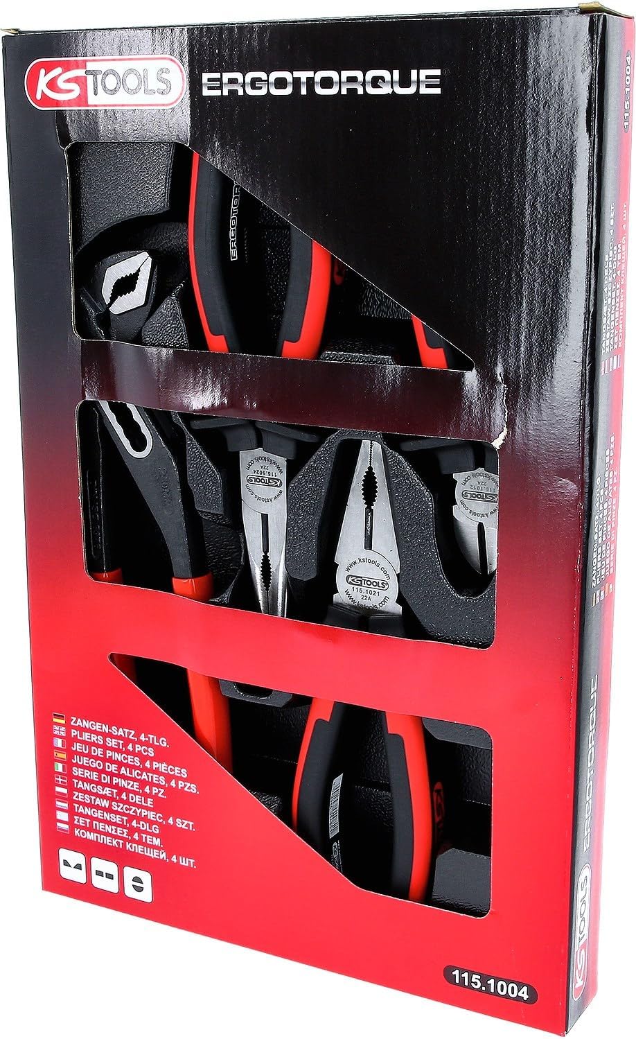 KS Tools 115.1004 ERGOTORQUE Zangen-Satz, 4-teilg, Diagonal-Seitenschneider 160 mm, Kombinationszang