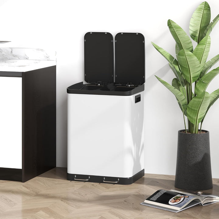 HOMCOM Mülltrennsystem 2 x 30L mit 2 Fächern Softclose-Deckel Metall Weiss, Weiss