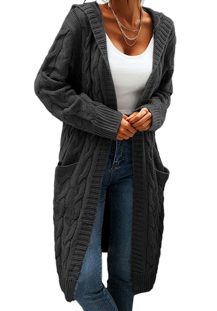 GeGekoko Strickjacke Damen mit Kapuze Langarm Grobstrick-Cardigan Open Front Sweater Herbst Winter C
