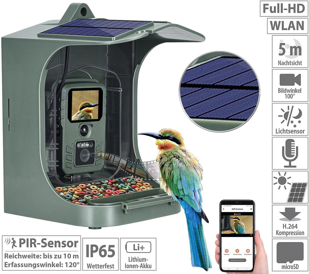 VisorTech Vogelkamera: Solar-Vogelhaus & Futterstelle mit WLAN-Full-HD-Kamera, Akku, PIR, App (Vogel