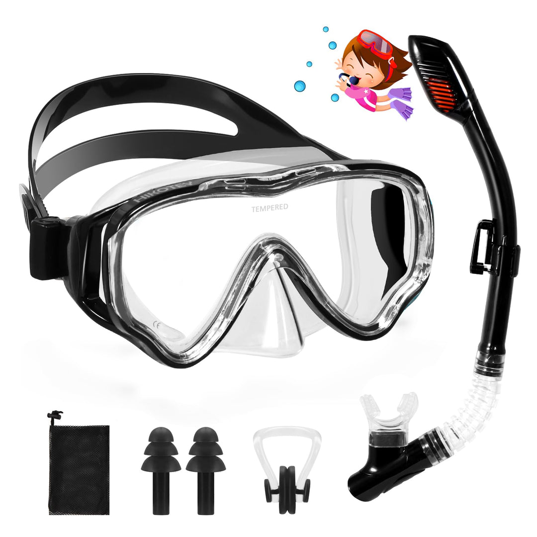 Schnorchelset Kinder, HIKOTEY Trocken Schnorchelset Kinder Anti-Fog Panorama, Anti-Leck Tauchmaske D