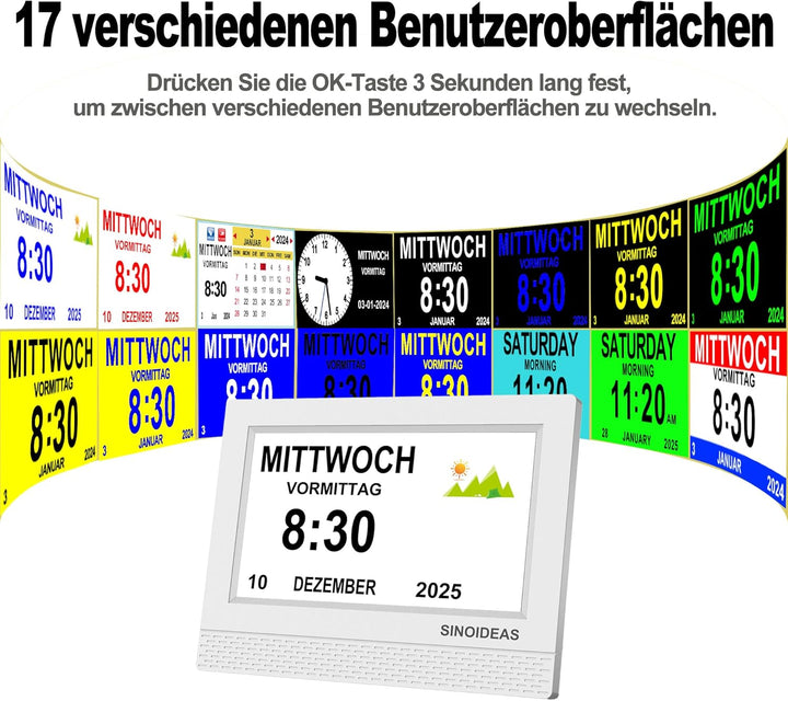 SINOIDEAS 3.0 Upgrade- 7 Zoll Digitale Kalender，Senioren Uhr，Demenz Uhr mit Erinnerungsfunktion，Uhr