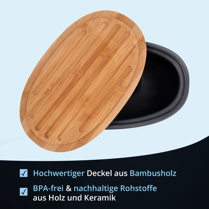 KHG Brotkasten gross Keramik Steingut Grau Anthrazit, Holz-Deckel Bambus als Schneidebrett, Brot Auf