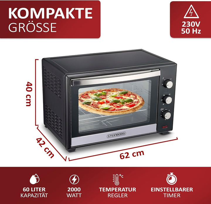 Minibackofen 60 Liter | Umluft Ofen | Pizzaofen | Mini Backofen | Freistehender Backofen | Mini-Back