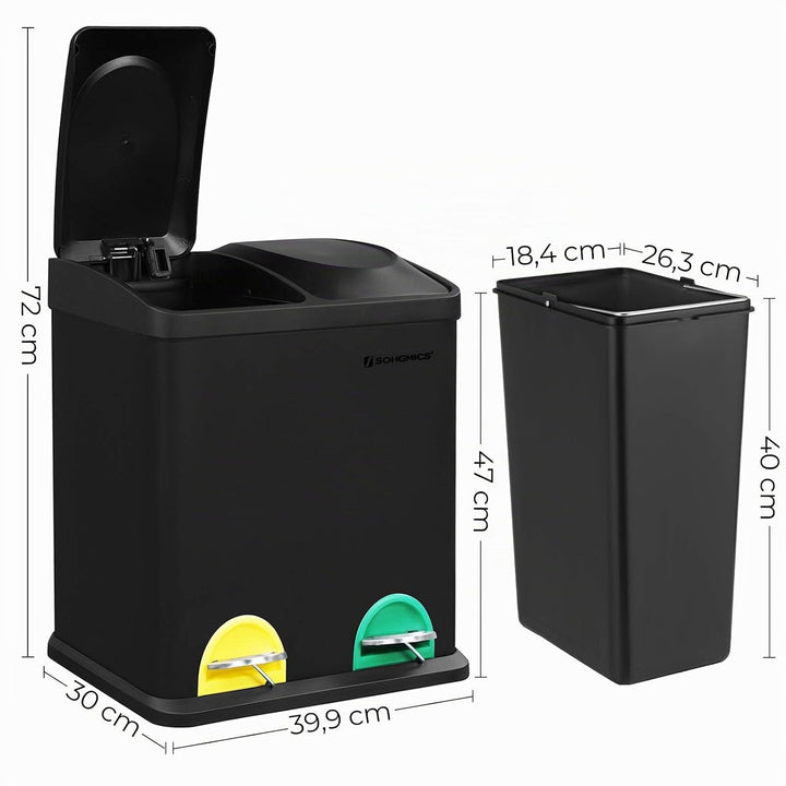 Songmics Mülleimer 30 Liter, Mülltrennung, 2 x 15 Liter, Abfalleimer, Treteimer mit Inneneimern, far