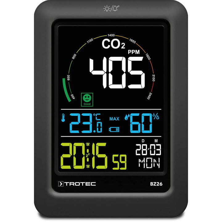 TROTEC CO2 Messgerät BZ26 – Luftqualitätsmonitor – Messbereich 400 bis 5000 PPM, Lufttemperatur, rel