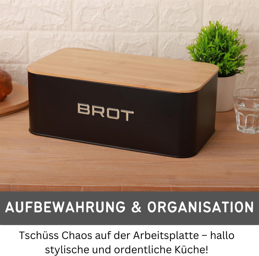 Brotkästen Metall mit Bambusdeckel – Moderne Brotbox Küche – Brot aufbewahren Inkl. Baumwollbeutel –