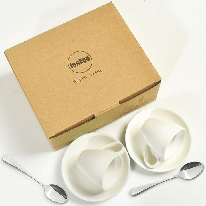 ionEgg Espressotasse aus Porzellan mit Untertasse und Mini-Löffeln aus Edelstahl, Espresso-Schnapsbe