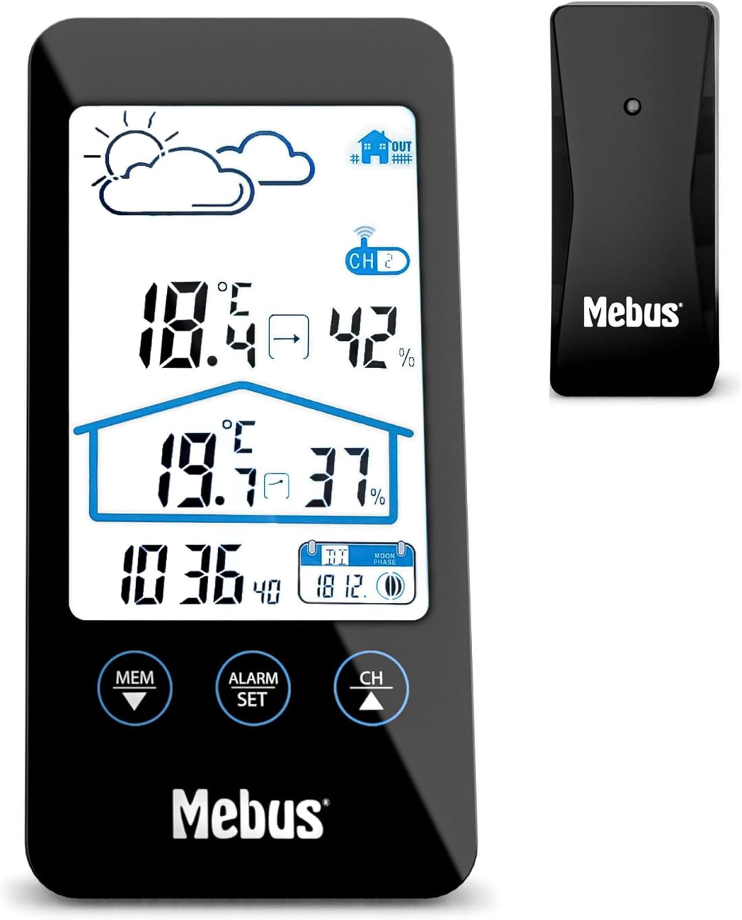 Mebus Wetterstation mit Aussensensor, zeigt Temperatur und Luftfeuchtigkeit innen und aussen, mit We