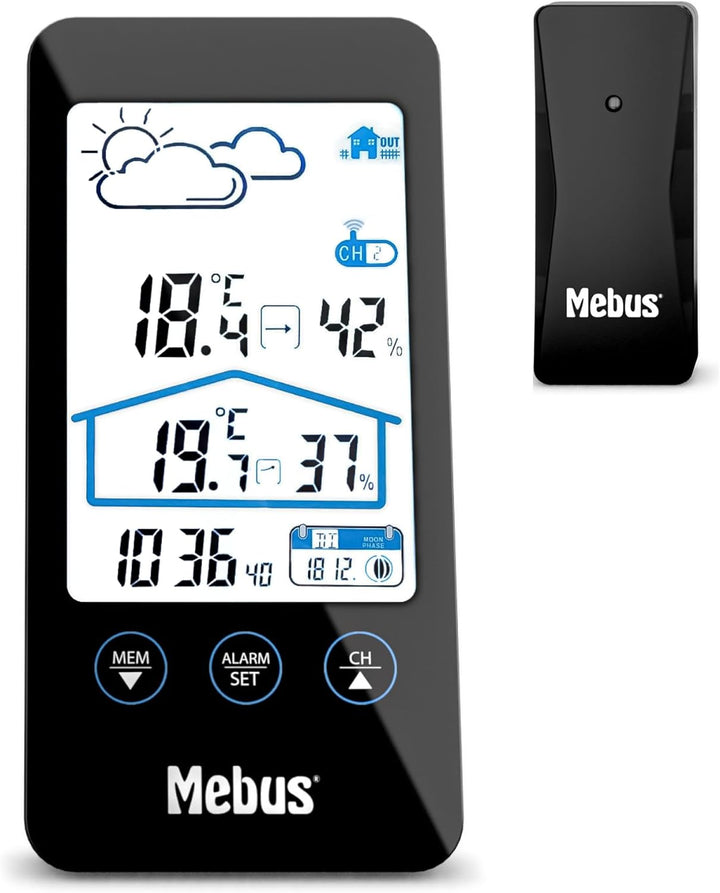 Mebus Wetterstation mit Aussensensor, zeigt Temperatur und Luftfeuchtigkeit innen und aussen, mit We