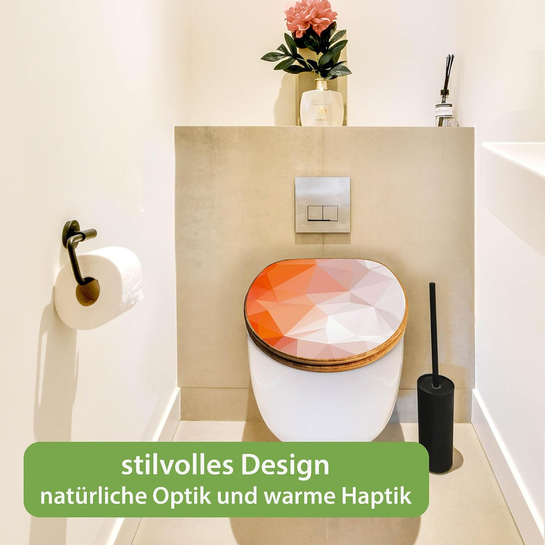 banjado® Design WC Sitz Bambus Absenkautomatik mit Motiv Orange Polygon/Toilettendeckel mit Absenkau