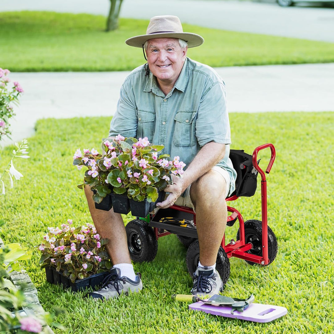GOPLUS Rollsitz, Mobiler Gartensitz mit Griff, Höhenverstellbarer drehbarer Arbeitssitz mit Rückenle