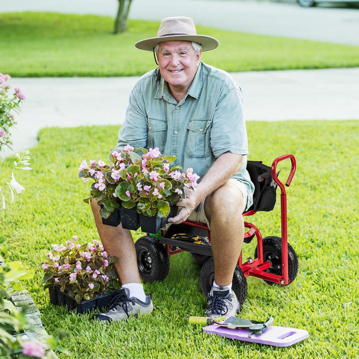 GOPLUS Rollsitz, Mobiler Gartensitz mit Griff, Höhenverstellbarer drehbarer Arbeitssitz mit Rückenle