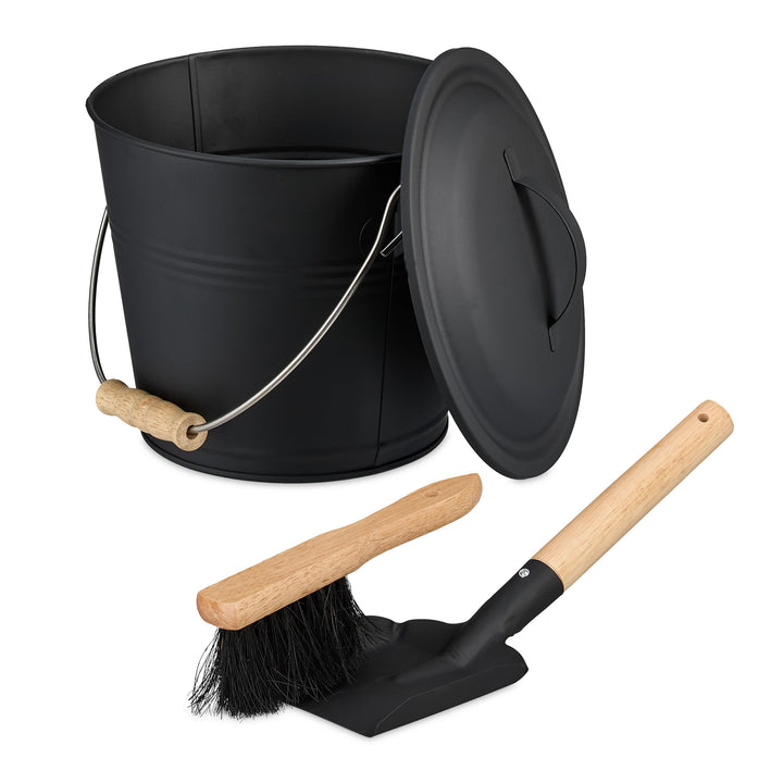Relaxdays Ascheeimer mit Deckel und Kehrset, 4,5 L, inkl. Aschebesen & Kaminschaufel, Aschebehälter
