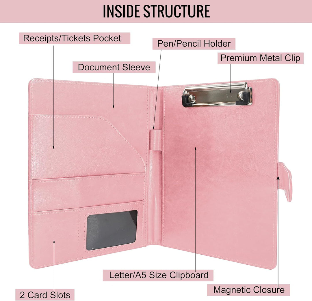 Schreibmappe A5 Klemmbrett Mappe mit Magnetischer Verschluss, organizer büro mappe, Rosa Ordner, Dok