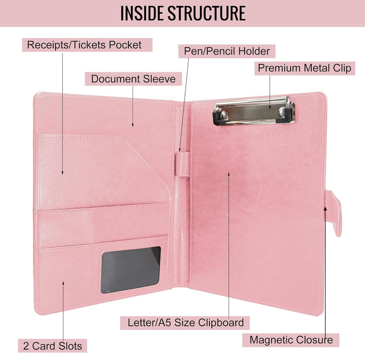 Schreibmappe A5 Klemmbrett Mappe mit Magnetischer Verschluss, organizer büro mappe, Rosa Ordner, Dok