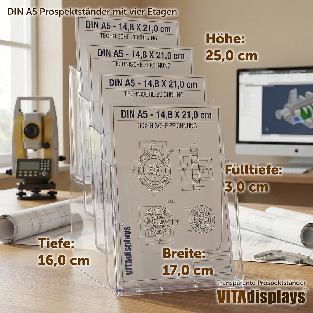 2 Stk. DIN A5 Tischprospektständer mit vier Etagen, Flyerständer, transparenter Flyerhalter und Pros