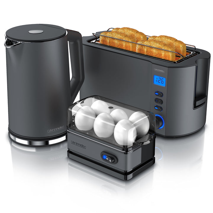 Arendo - Wasserkocher mit Toaster SET und Eierkocher, Edelstahl Cool Grey Wasserkocher 1,5L 40°100°C