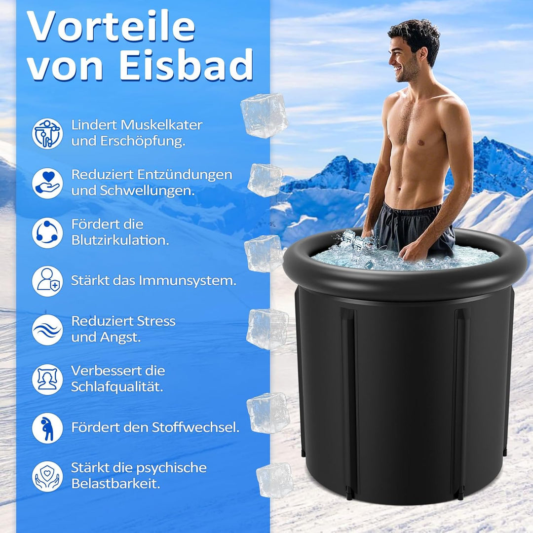 Eisbad Tonne 80 cm, Faltbare Badewanne 390L mit Abdeckung, Eisbaden zu Hause, Kältetherapie Set mit