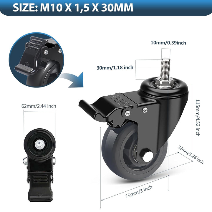 IQWTU Lenkrollen 75MM mit Bremse, 4 Stück Möbelrollen mit M10 x 1,5 x 30mm Schraube, Schwerlastrolle