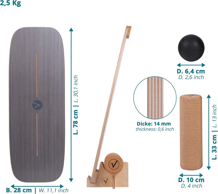 Balance Board aus Holz in – mit abgerundeten Ecken – inkl. Rolle für Neuromuscular Response Training
