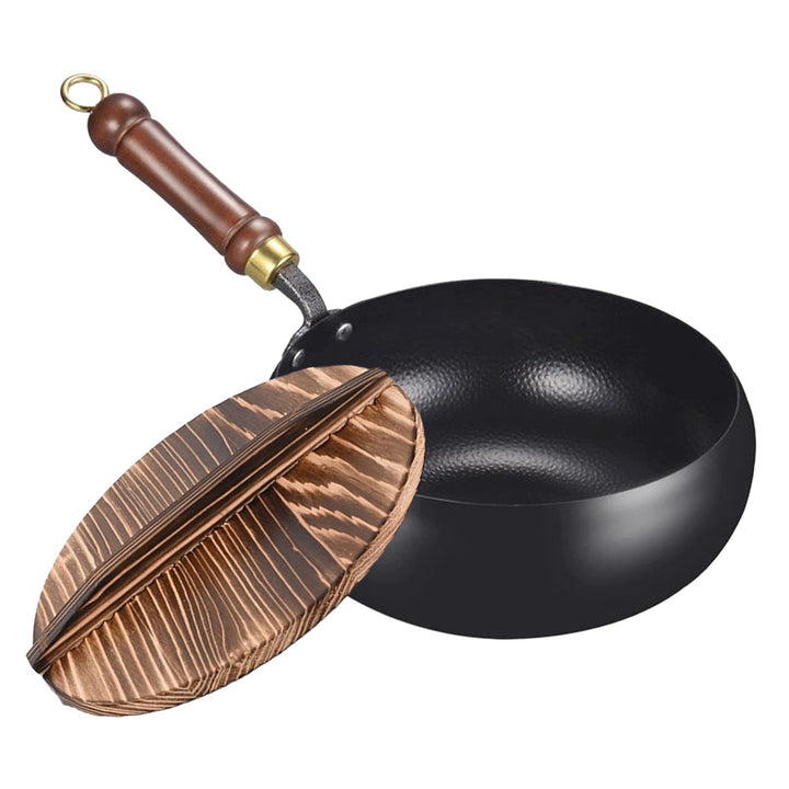 Wokpfanne - Gusseisen Bratwok - Ergonomische Unbeschichtete Eisenpfanne Mit Deckel Für Haushalt Outd