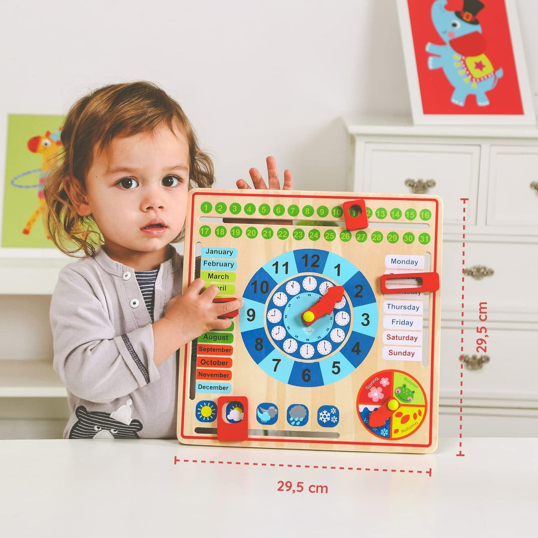 Tooky Toy Holz Jahresuhr für Kinder - Lernuhr - Kalenderuhr - Lerntaffel - Uhr, Wochentage, Monate,