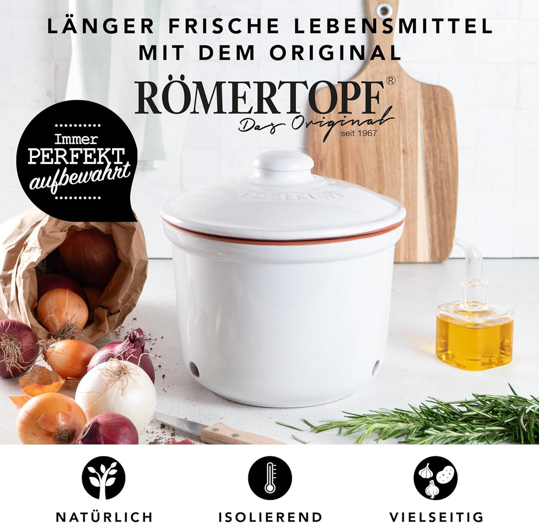 Römertopf Zwiebeltopf Frische-Topf MAXI aus Naturton, Keramik Vorratstopf Ø 20,0cm weiss ø21cm, ø21c