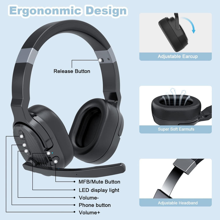 YUANJ Bluetooth Headset mit Mikrofon, Wireless Headset -Mikrofon mit Active Noise Cancelling (ANC),