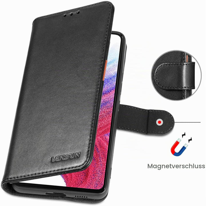 LENSUN Echtleder Hülle für Samsung Galaxy A53, Handyhülle [Echtes Leder] [Magnetverschluss] [RFID Sc
