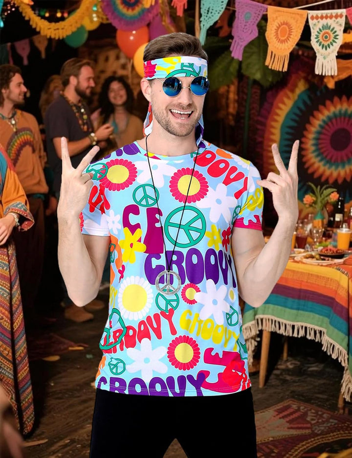 COSAVOROCK Herren 60er 70er Jahre Groovy Hippie Kostüm T-Shirts mit Stirnbänder 3XL Peace, 3XL Peace