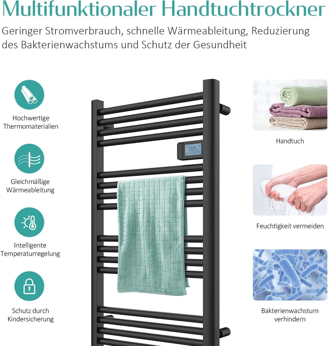 EMKE Elektrischer Handtuchheizkörper 96 x 40 cm, Badheizkörper Elektrisch mit Touchschalter Timer, H