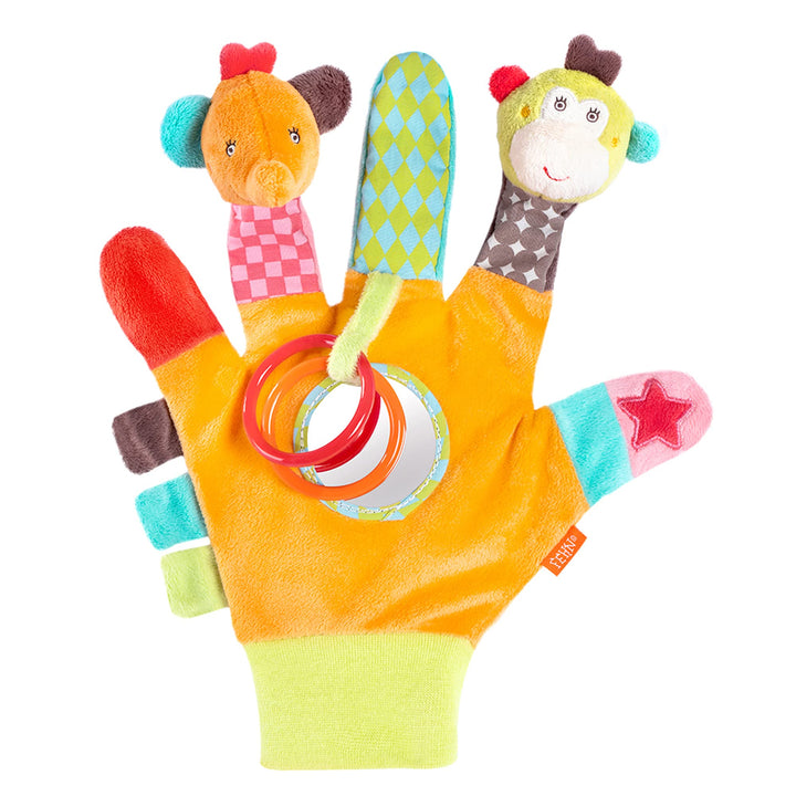 Fehn Spielhandschuh Safari – Fingerpuppen Baby Spielzeug Affe und Elefant zum Greifen und Geräusche