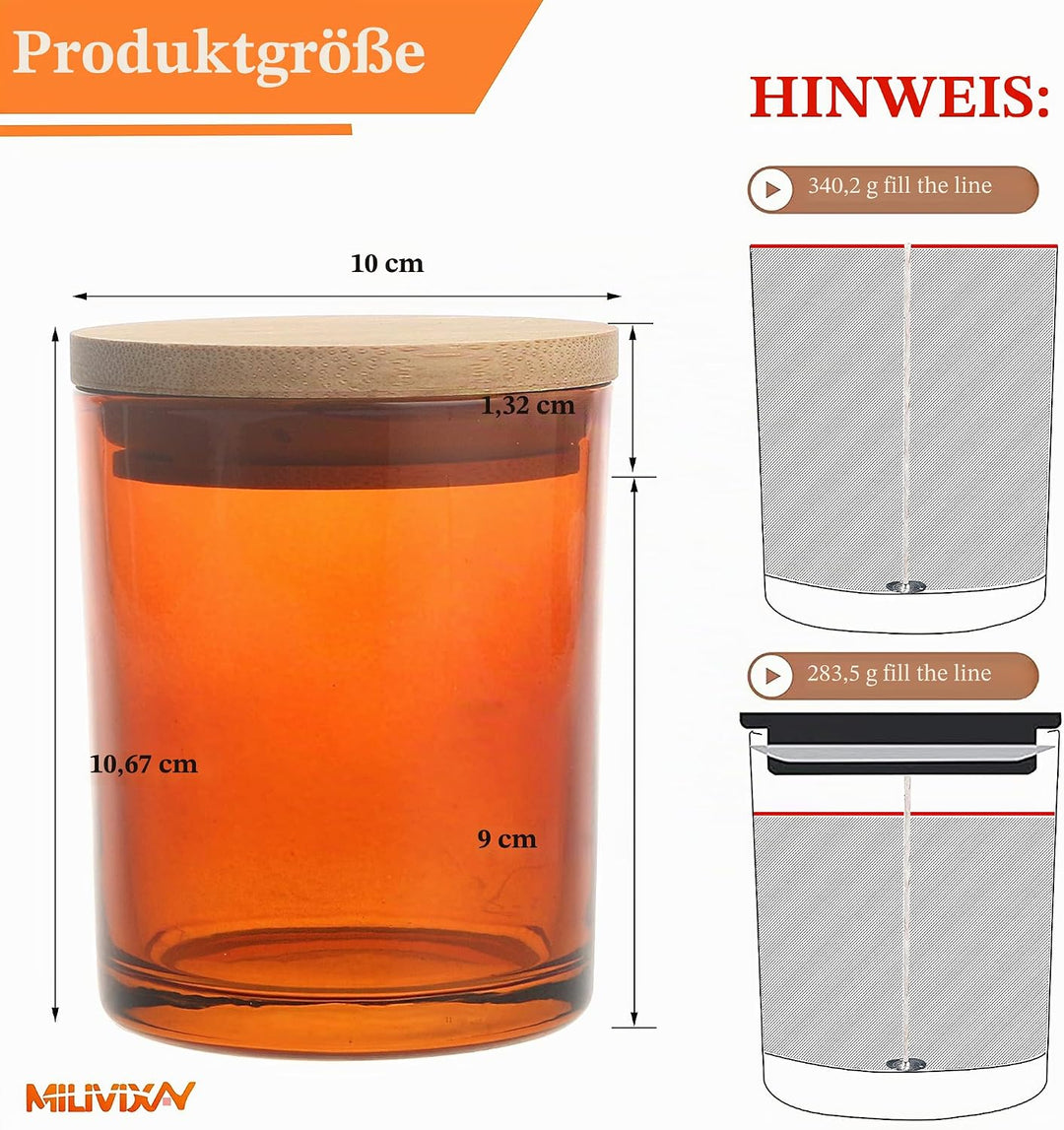 MILIVIXAY 12 Stück 340 ml bernsteinfarbene Kerzengläser mit Deckel und Kerzenherstellungs-Sets – lee