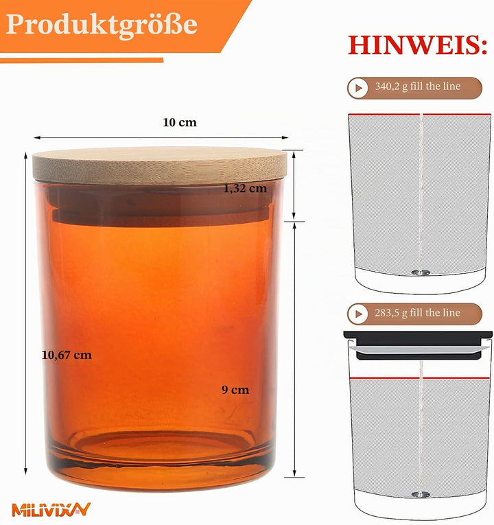 MILIVIXAY 12 Stück 340 ml bernsteinfarbene Kerzengläser mit Deckel und Kerzenherstellungs-Sets – lee